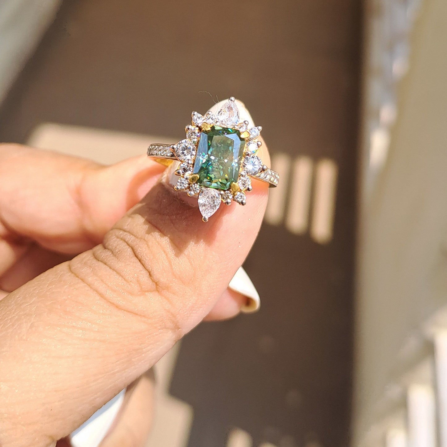 Green Moissanite Diamond Engagement Ring