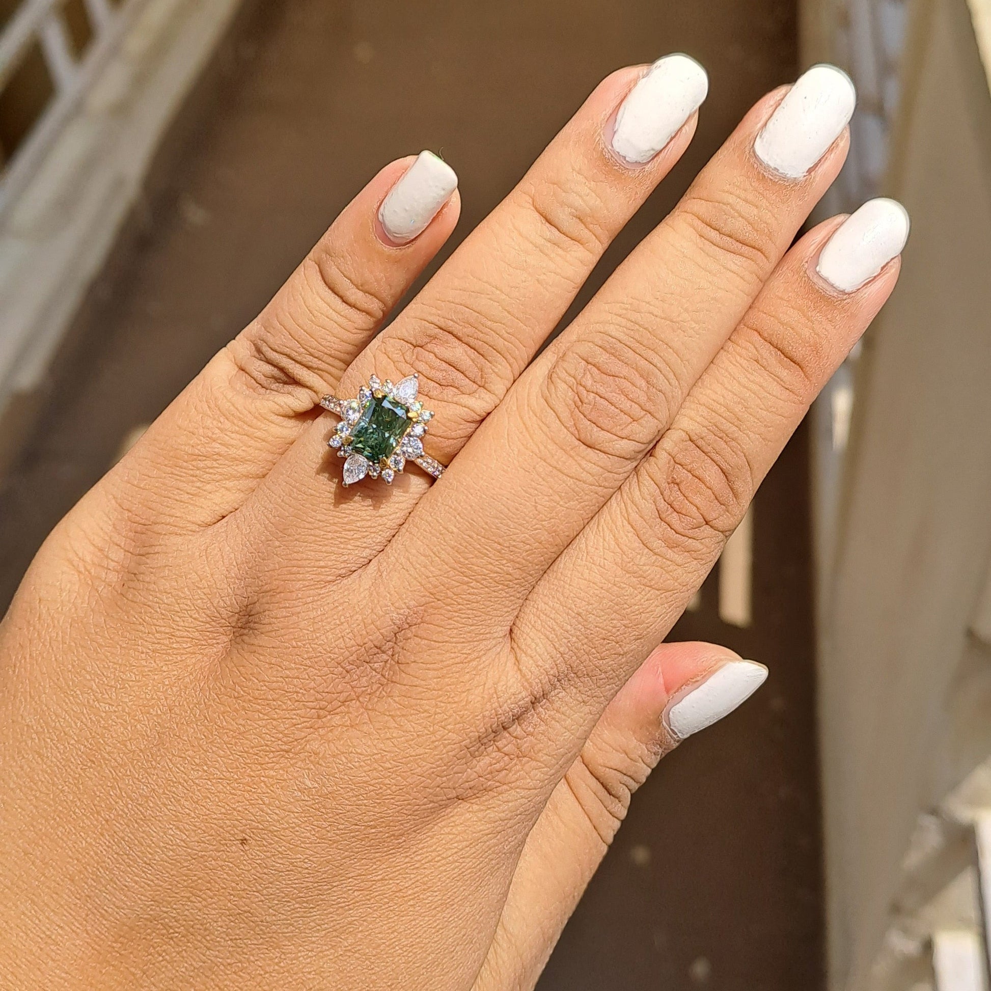 Green Moissanite Diamond Engagement Ring