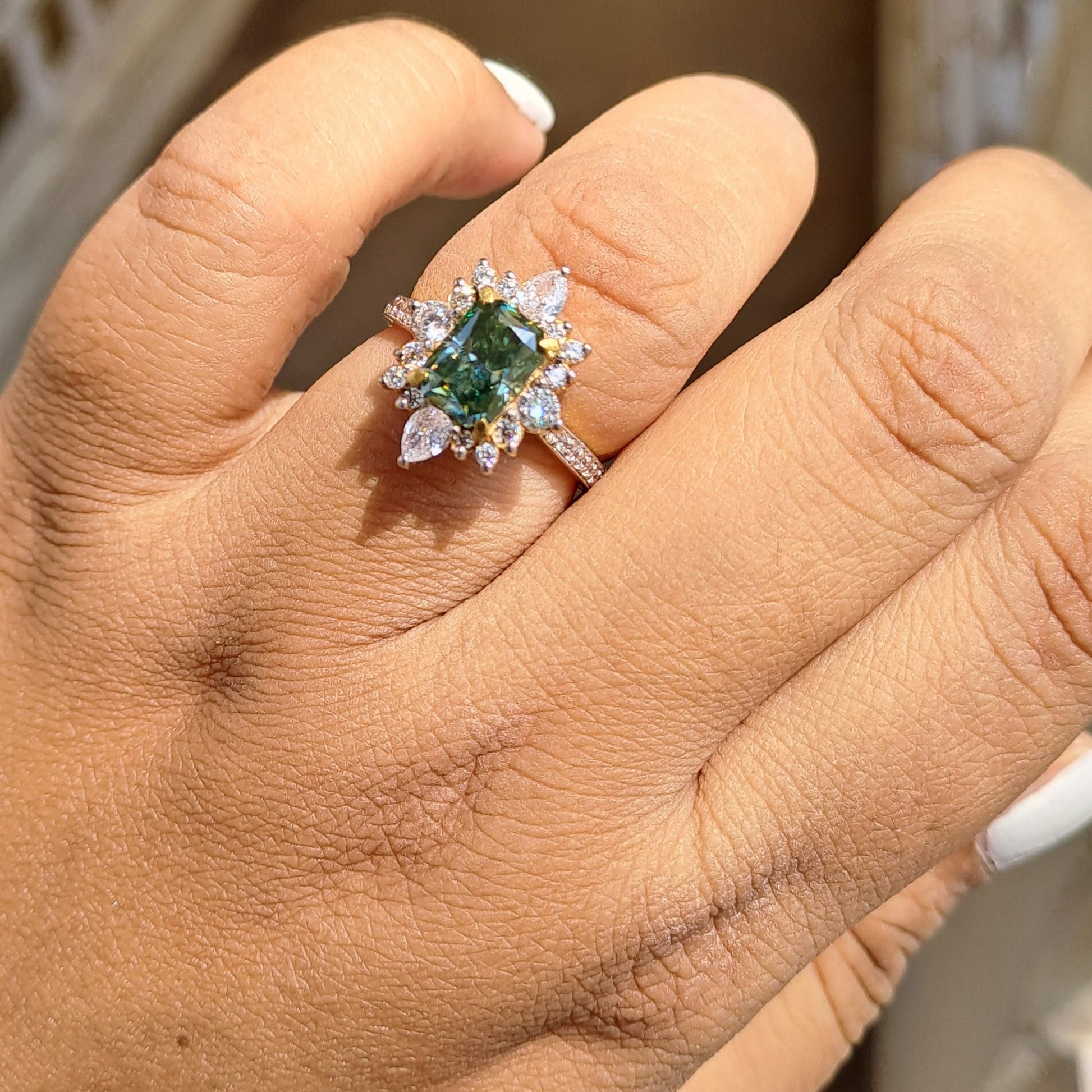 Green Moissanite Diamond Engagement Ring