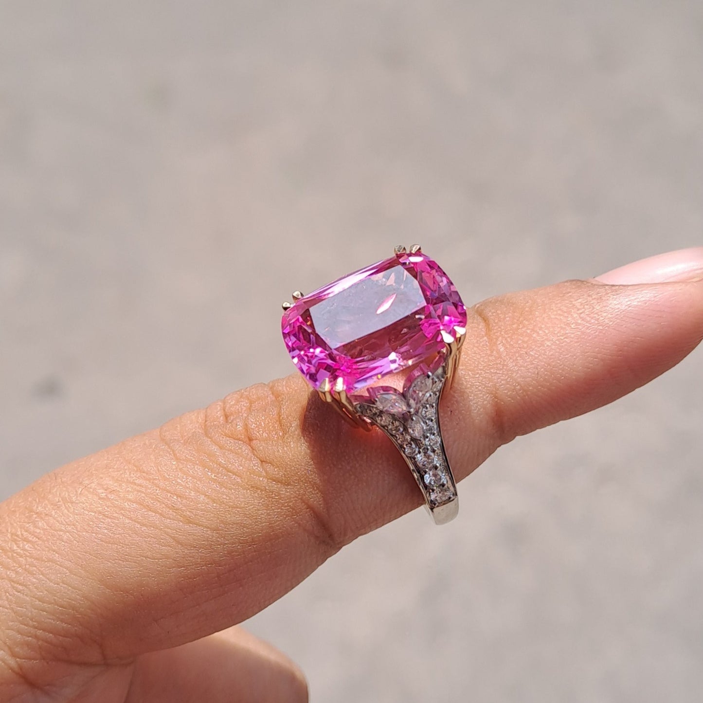 Vai Ra Pink Sapphire Cocktail Statement Ring in gold and moissanite