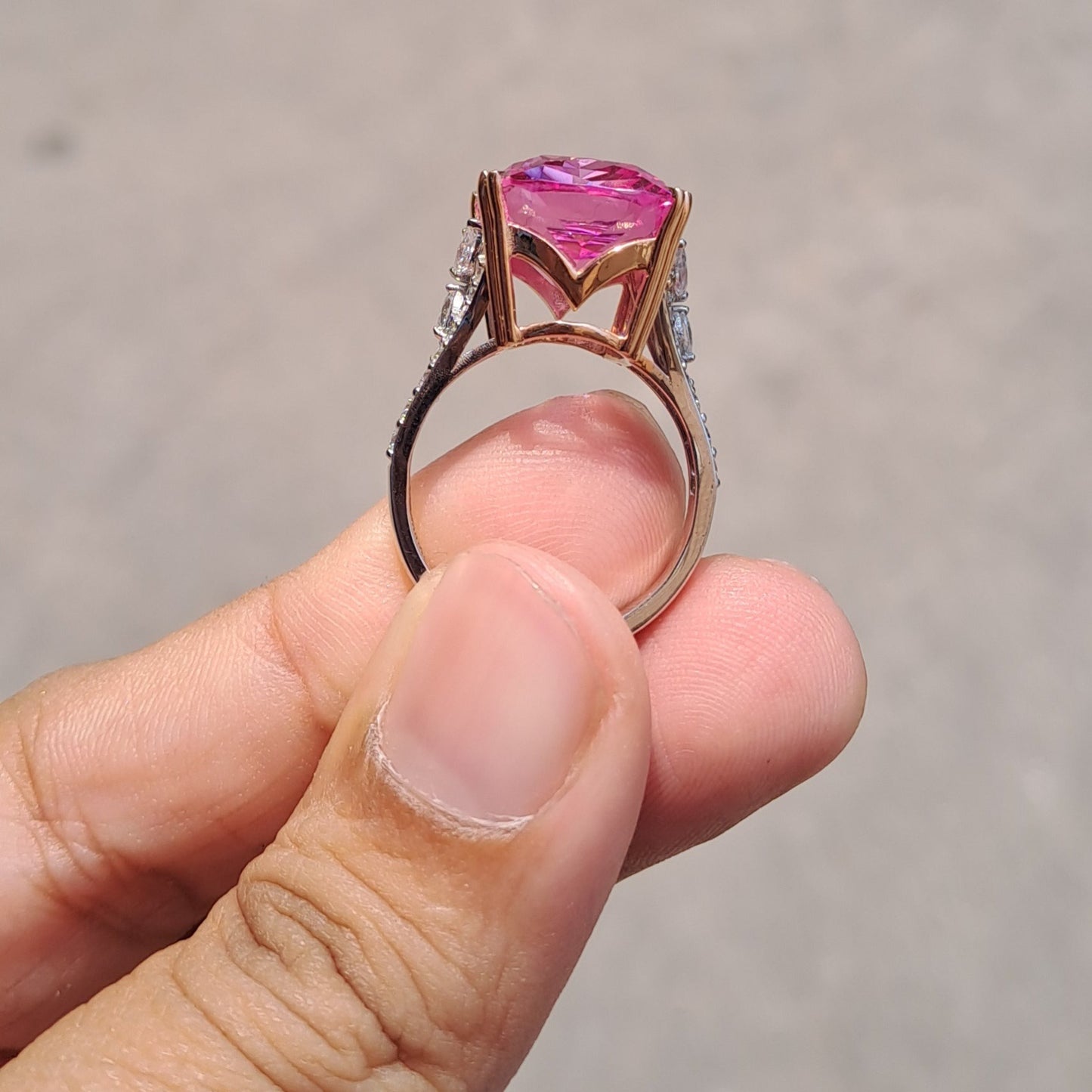 Vai Ra Pink Sapphire Cocktail Statement Ring in gold and moissanite