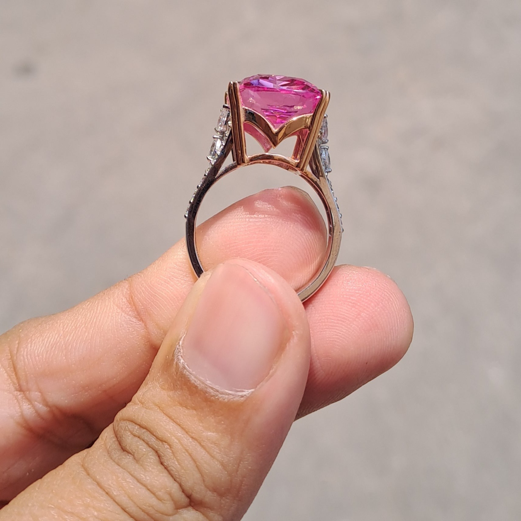 Vai Ra Pink Sapphire Cocktail Statement Ring in gold and moissanite