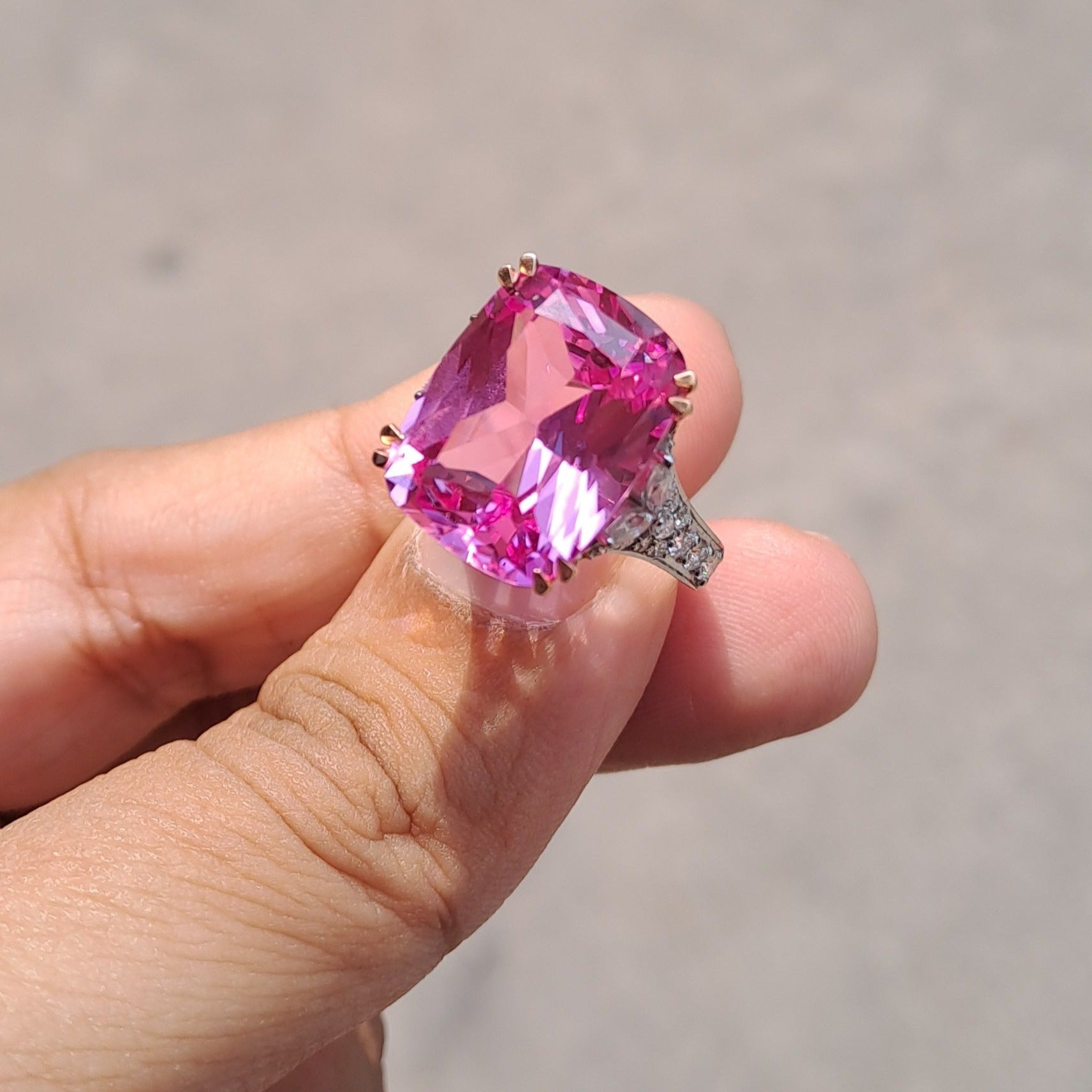 Vai Ra Pink Sapphire Cocktail Statement Ring in gold and moissanite