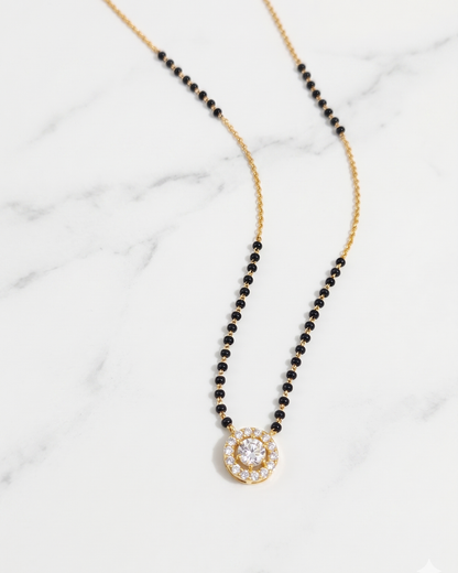 Trishna Halo Mangalsutra in Moissanite or Lab Diamond with black beads by Vai Ra