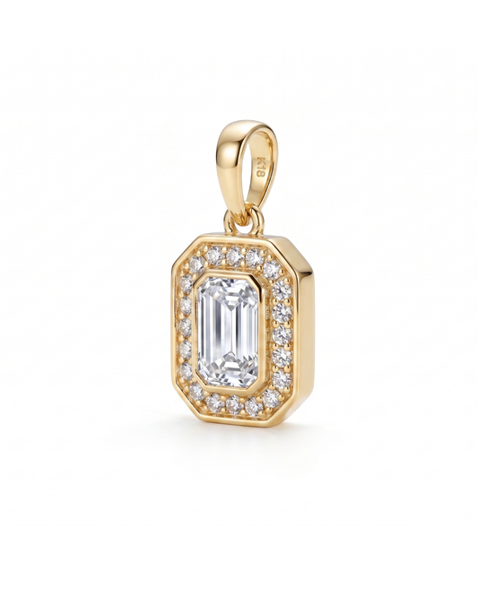 Shreya Emerald cut Halo Pendant by Vai Ra in Lab diamond or Moissanite
