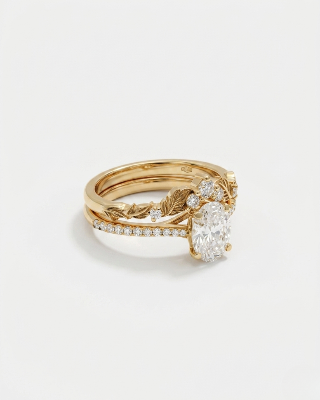 Mina Ring set with Oval Solitaire and V Leaf by Vai Ra in Moissanite and Lab diamond