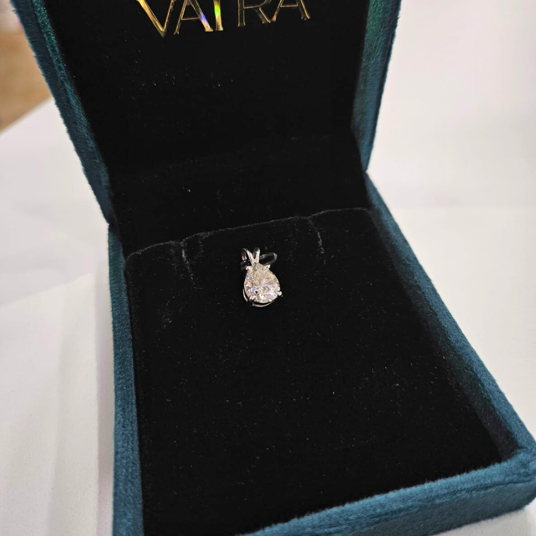 Pear Solitaire Pendant in lab diamond and moissanite  by Vaira