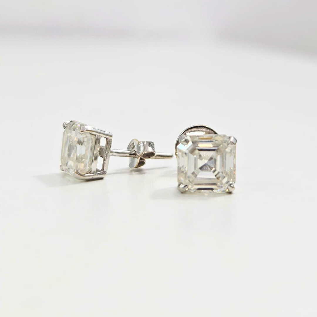 Asscher Solitaire Moissanite Earring (4.7 CT in 18KT Gold)
