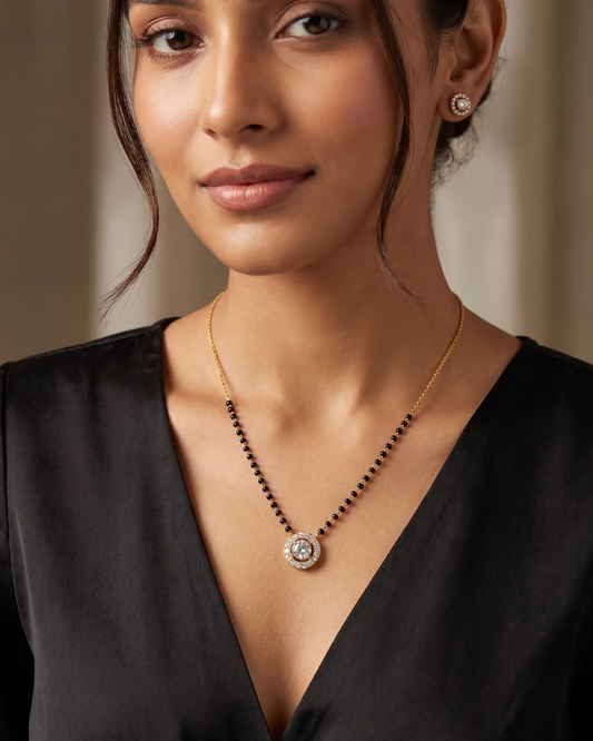 Trishna Halo Mangalsutra in Moissanite or Lab Diamond with black beads by Vai Ra