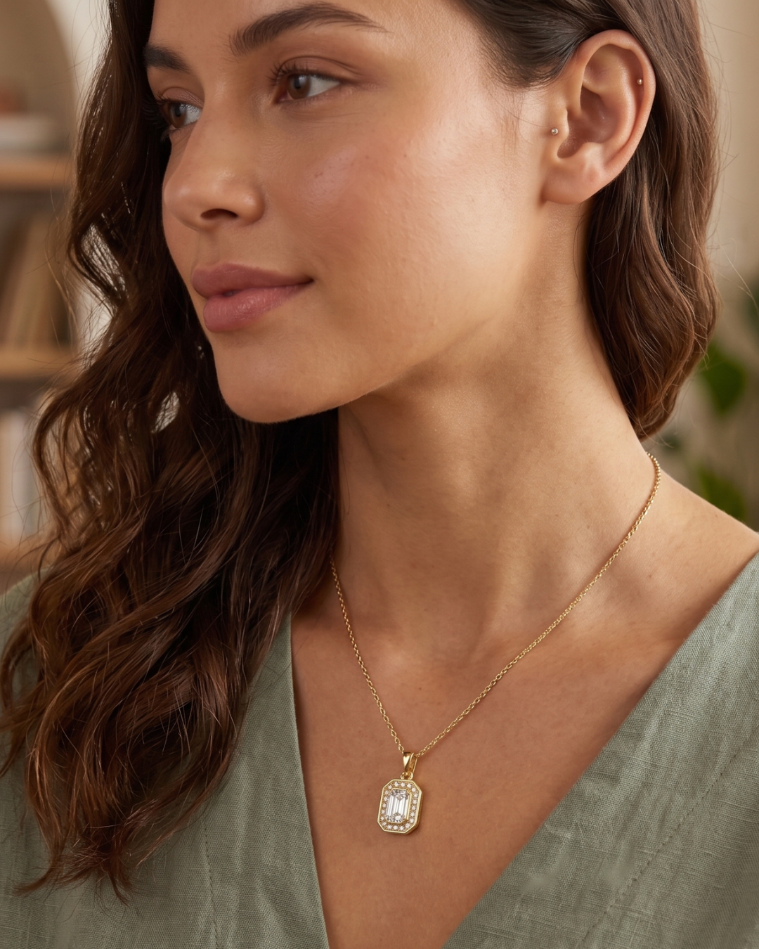 Shreya Emerald cut Halo Pendant by Vai Ra in Lab diamond or Moissanite