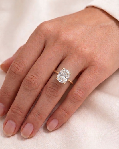 Elongated Cushion Moissanite Diamond in Gold and Silver