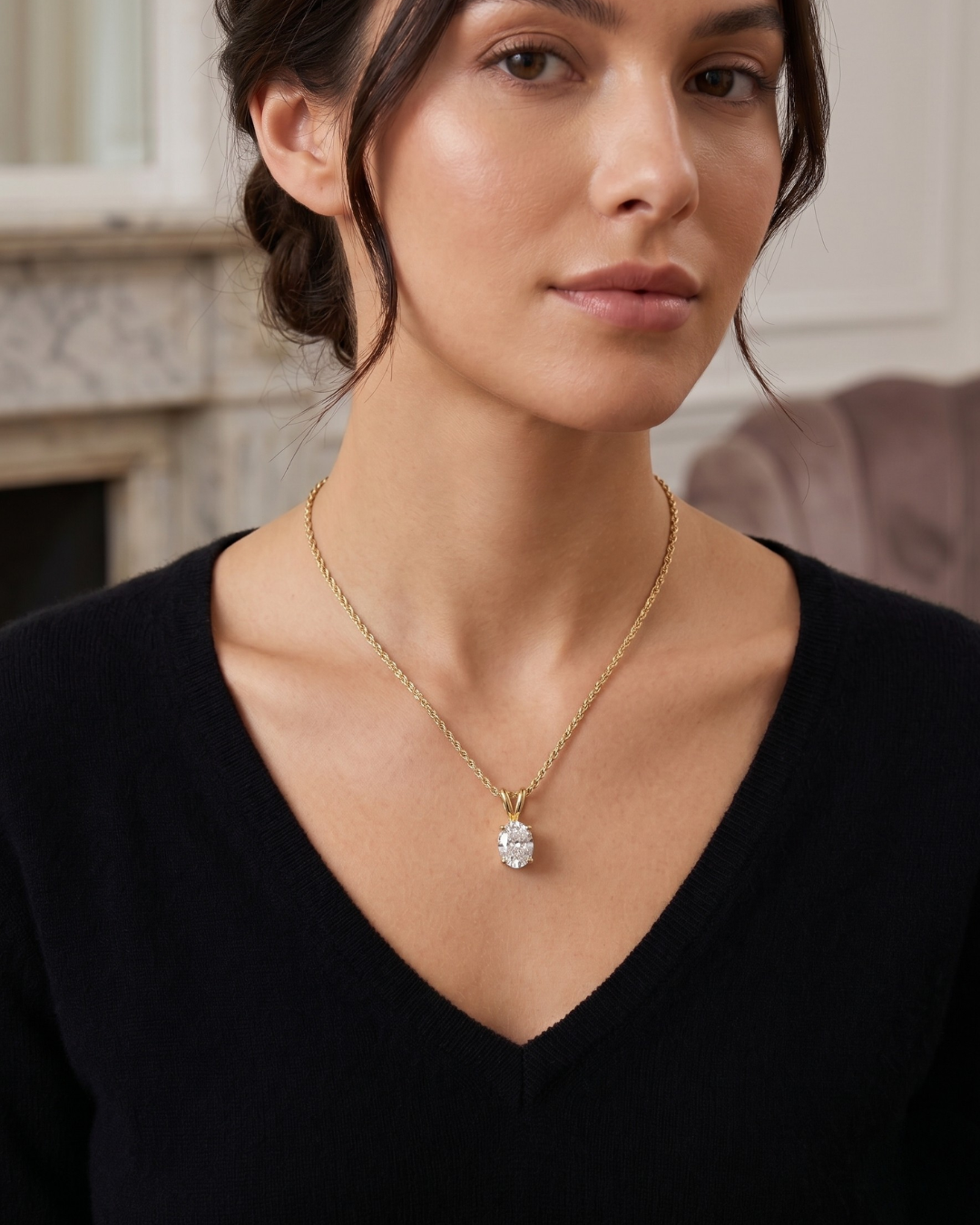 Zahra Oval Solitaire Pendant in Lab Diamond and Moissanite by Vai Ra