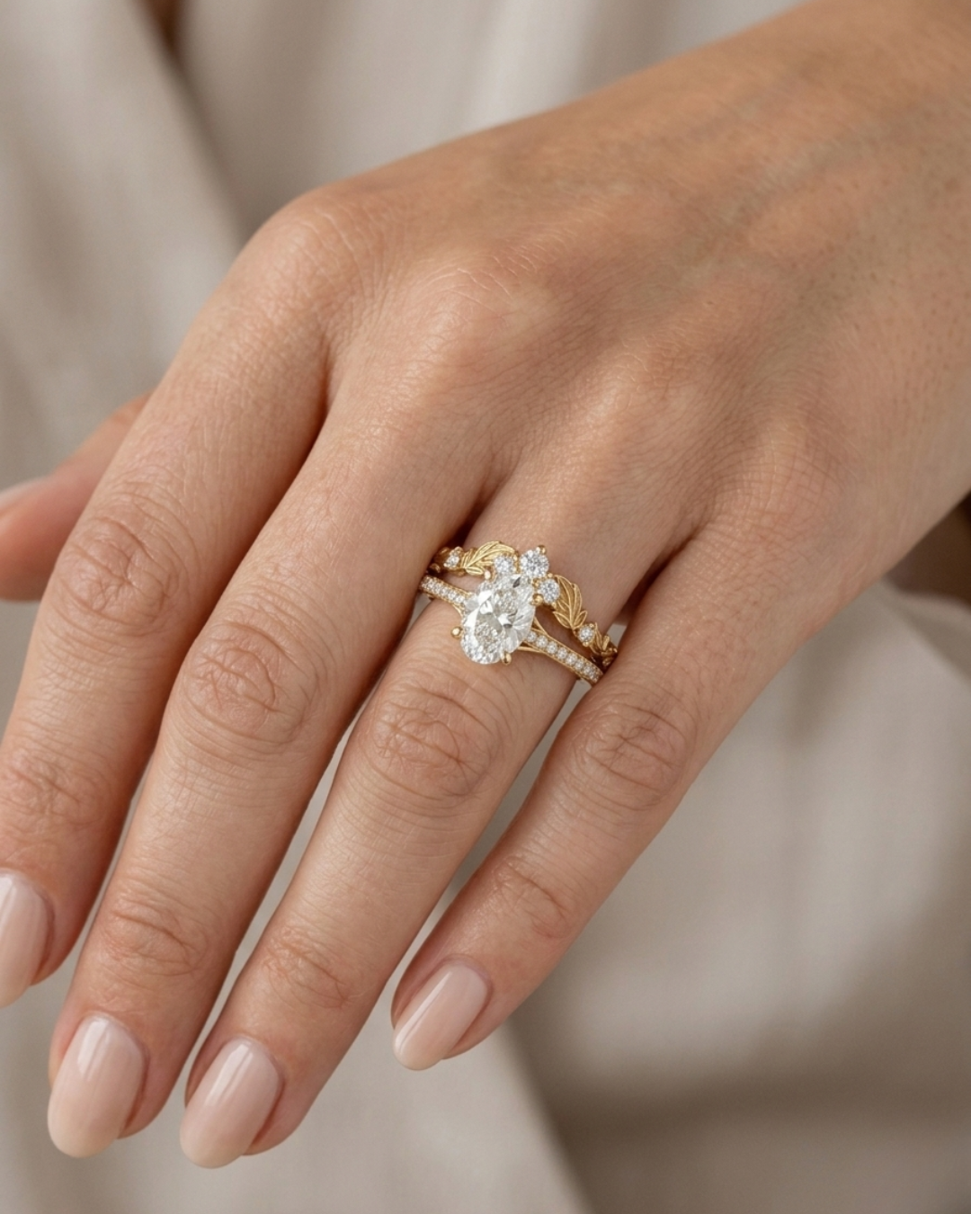 Mina Ring set with Oval Solitaire and V Leaf by Vai Ra in Moissanite and Lab diamond