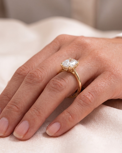 Elongated Cushion Moissanite Diamond in Gold and Silver