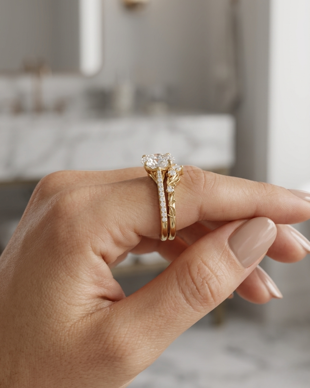 Mina Ring set with Oval Solitaire and V Leaf by Vai Ra in Moissanite and Lab diamond