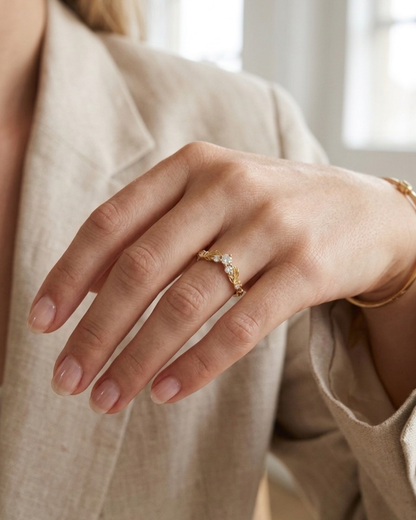 Valli Gold ring with leaf designs and 0.2 CT  small diamonds by Vai Ra