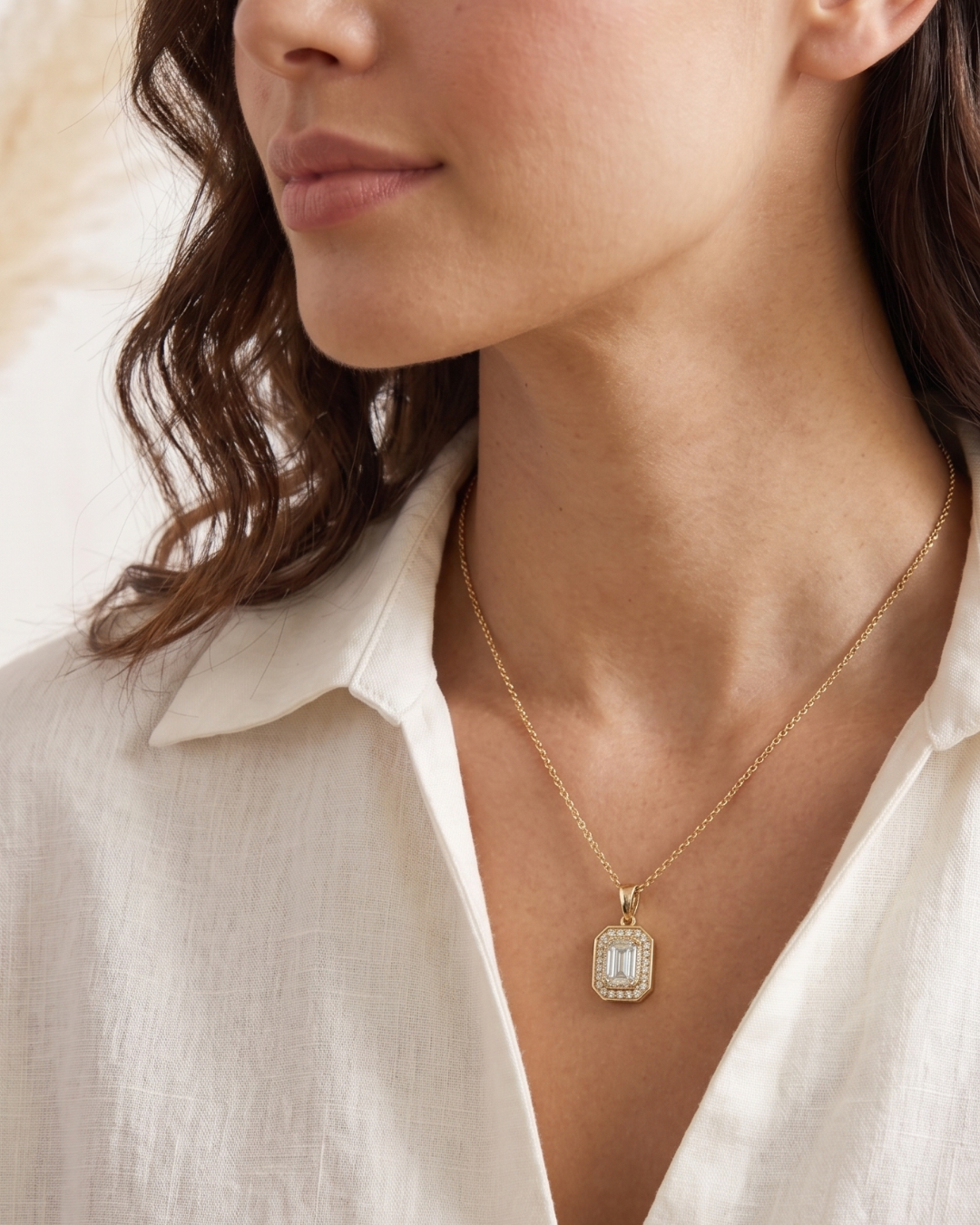 Shreya Emerald cut Halo Pendant by Vai Ra in Lab diamond or Moissanite