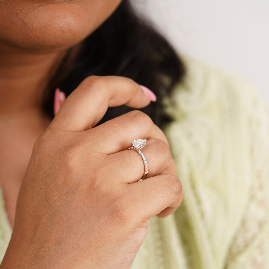 Nishta Pear Solitaire Ring by Vai Ra in Lab Diamond and Moissanite