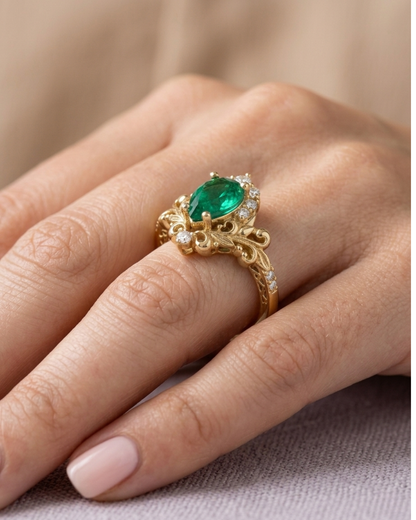 Zaya Pear Emerald Ring by Vai Ra in 18KT Gold