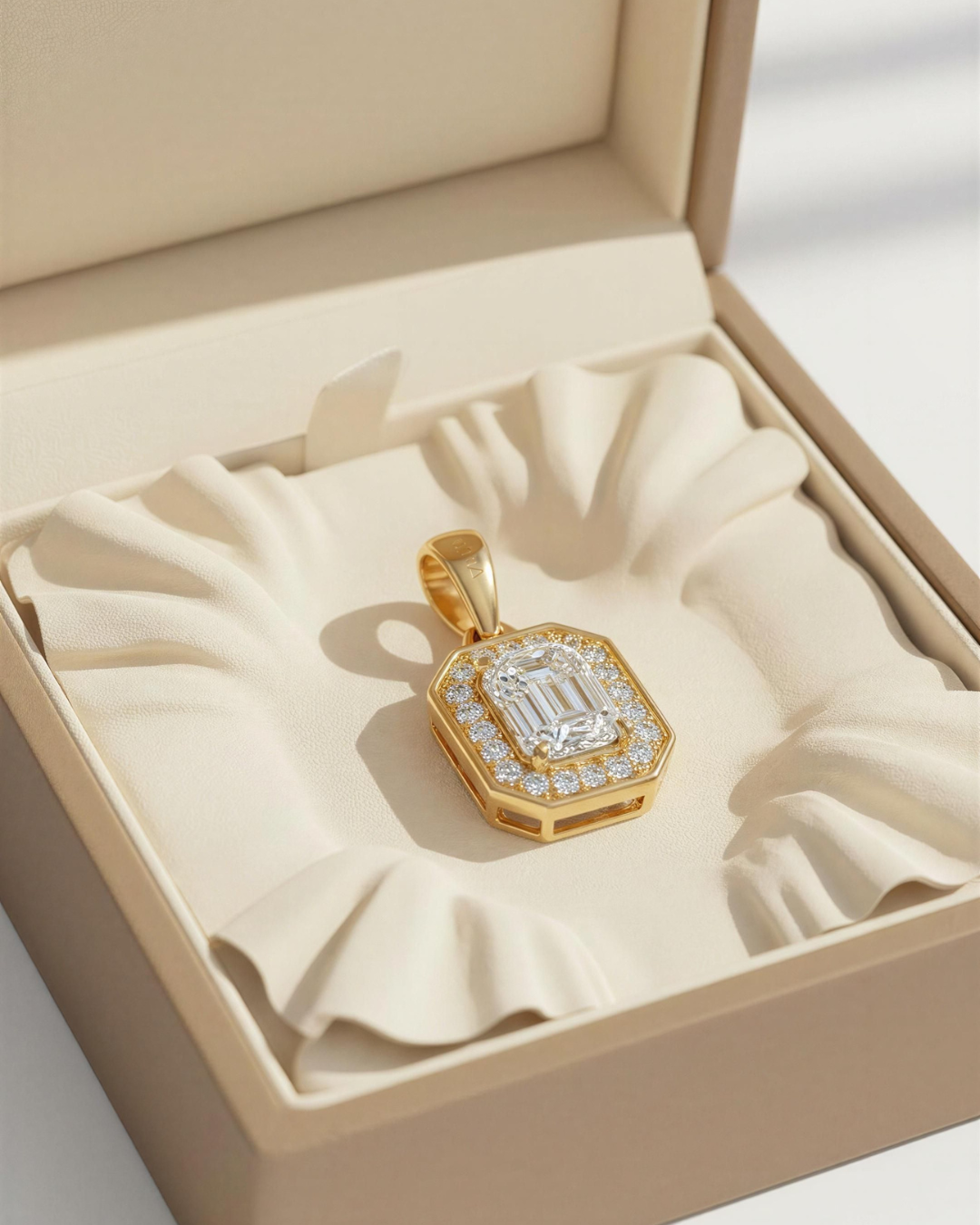 Shreya Emerald cut Halo Pendant by Vai Ra in Lab diamond or Moissanite