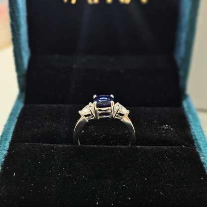 Blue Saphhire Three stone ring in Moissanite and Lab Diamond by Vai Ra