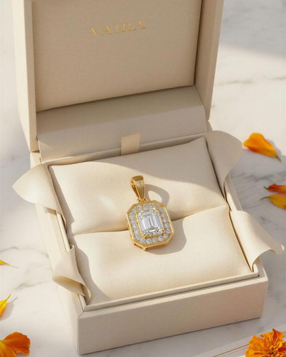 Shreya Emerald cut Halo Pendant by Vai Ra in Lab diamond or Moissanite