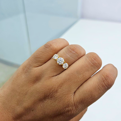 Alvira Threestone Ring in Moissanite and Gold