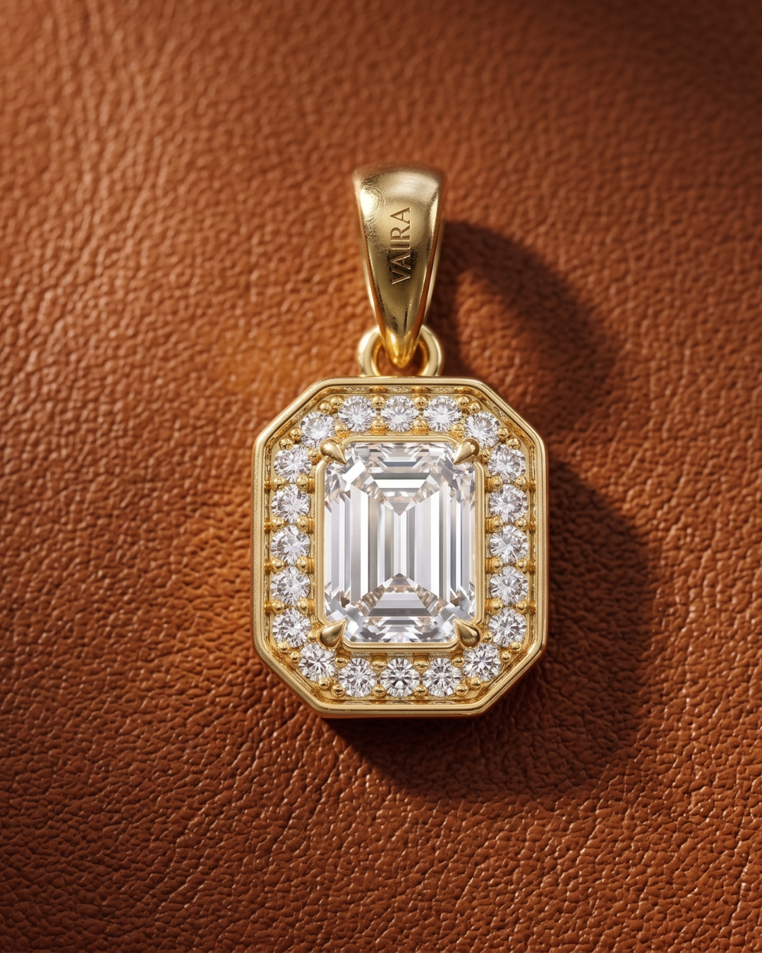 Shreya Emerald cut Halo Pendant by Vai Ra in Lab diamond or Moissanite