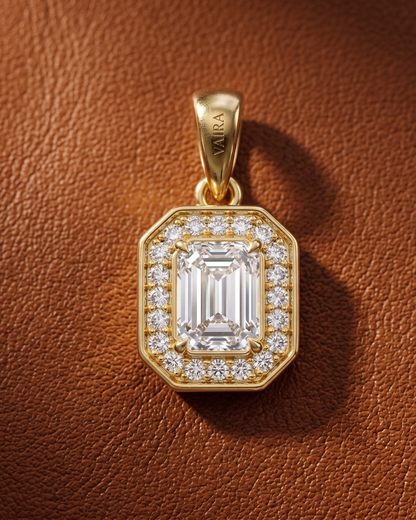 Shreya Emerald cut Halo Pendant by Vai Ra in Lab diamond or Moissanite