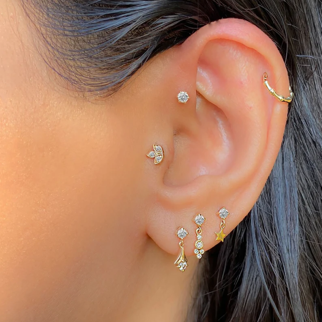 Three Petal Round Piercing Earrings in Moissanite and Diamond by Vai Ra