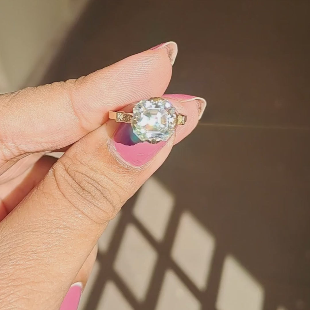 Asscher Moissanite Diamond Ring in Vintage Setting in Gold and Silver