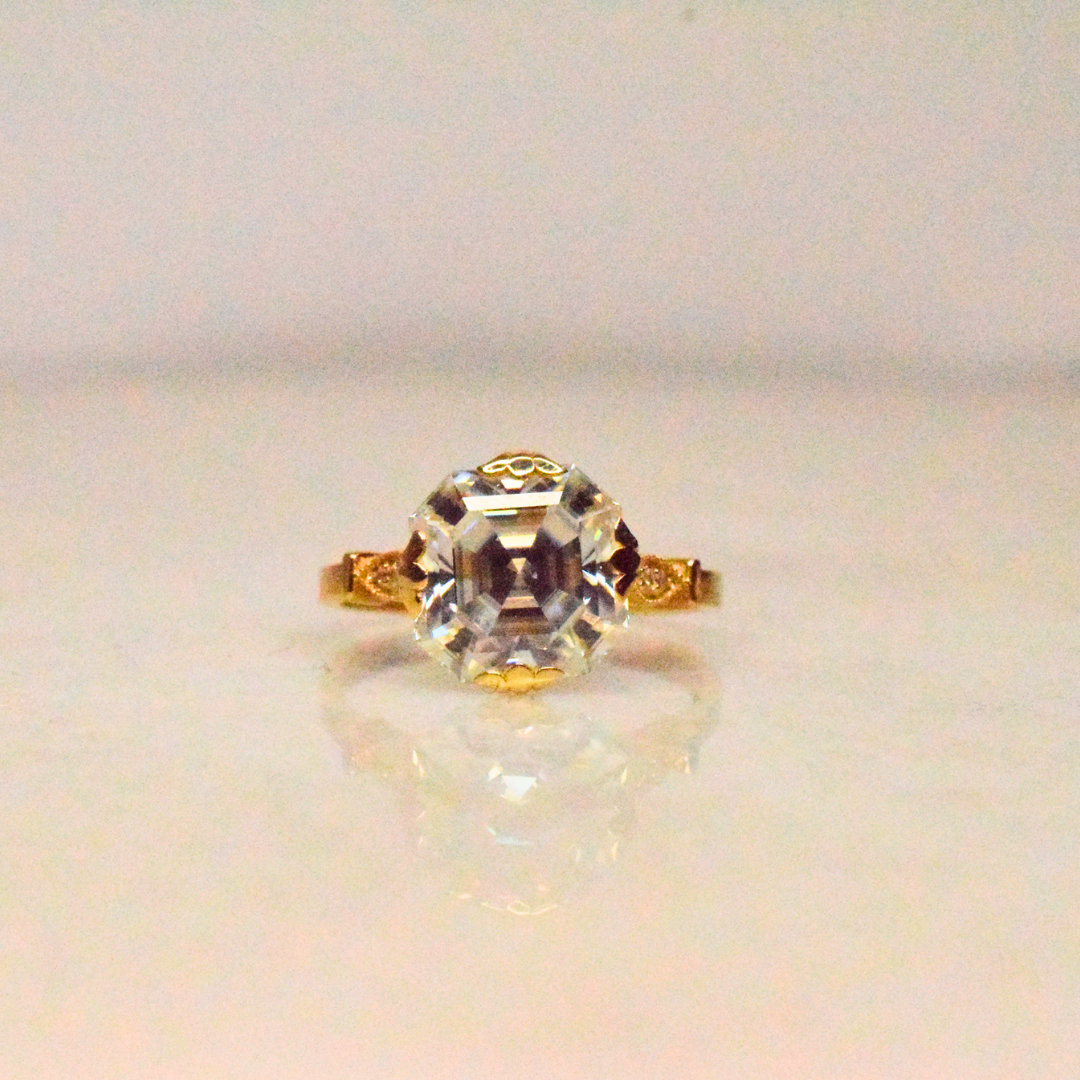 Asscher Moissanite Diamond Ring in Vintage Setting in Gold and Silver